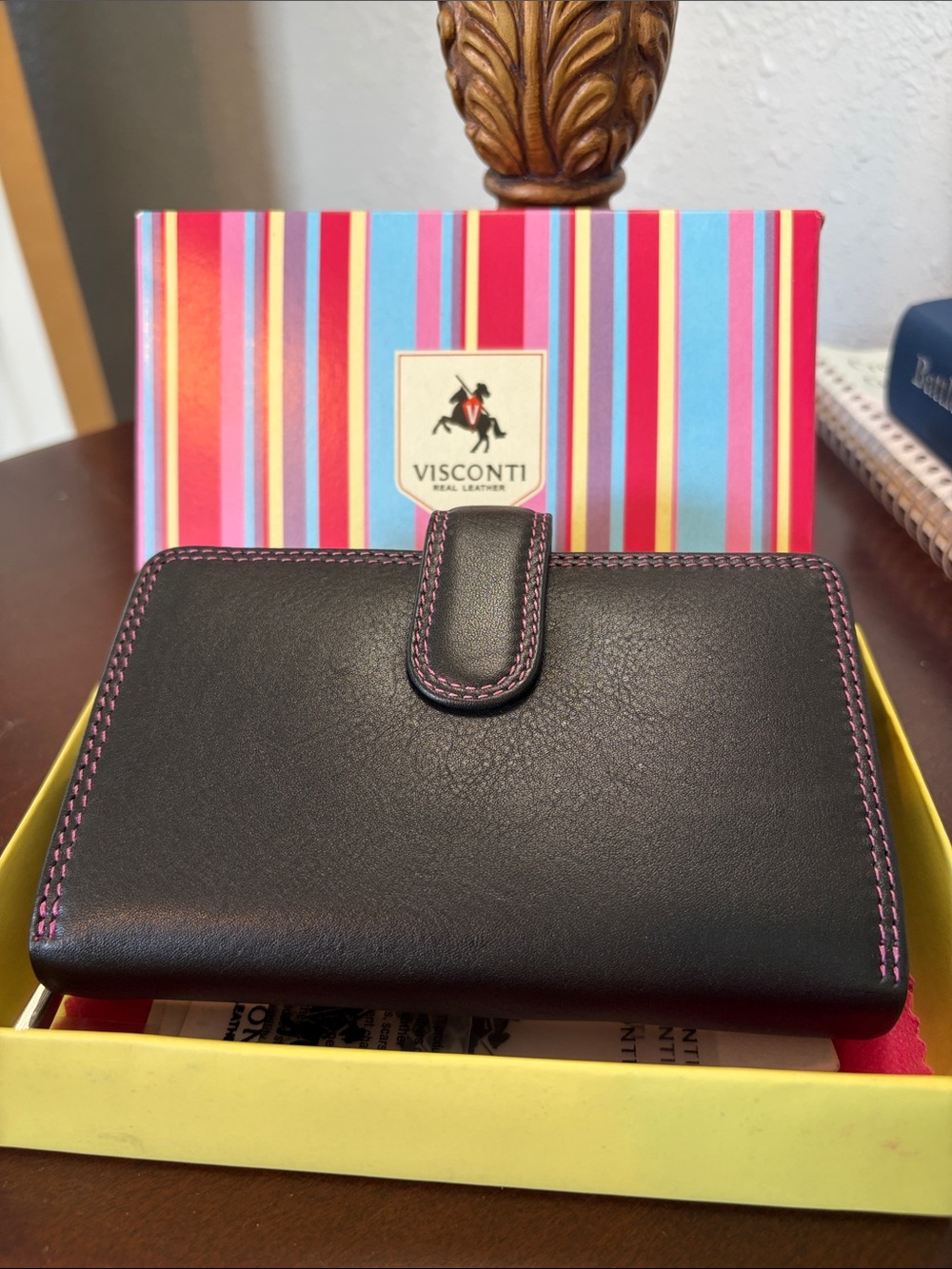 Visconti Black Leather Wallet with Pink Stitching